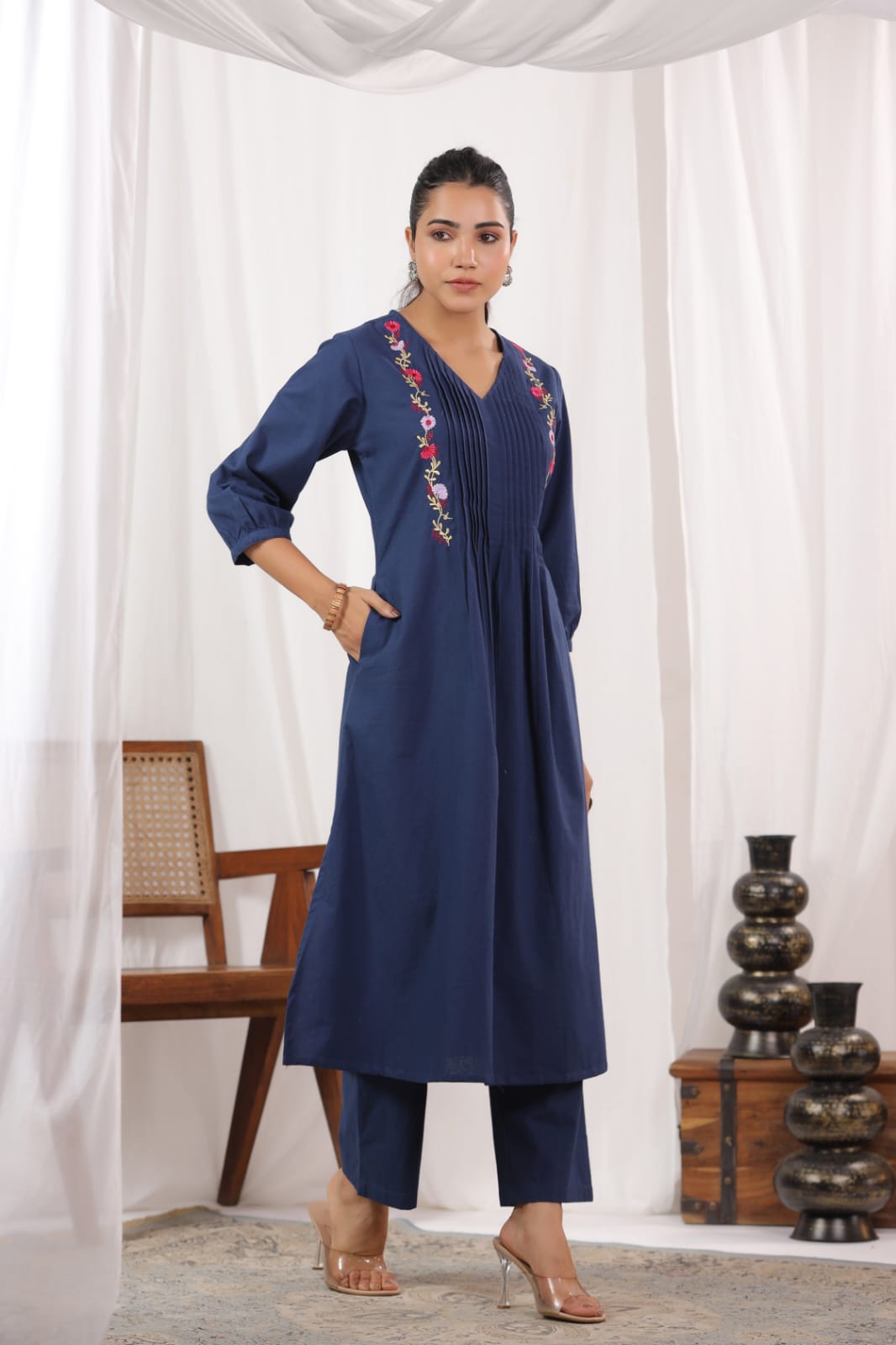 Pleated Cotton Kurta Set with Embroidery & Sequence