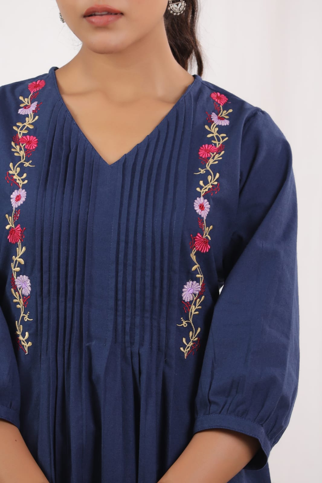 Pleated Cotton Kurta Set with Embroidery & Sequence