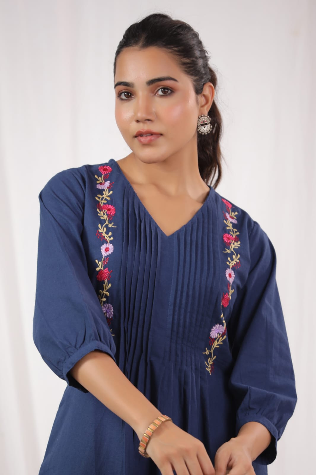 Pleated Cotton Kurta Set with Embroidery & Sequence