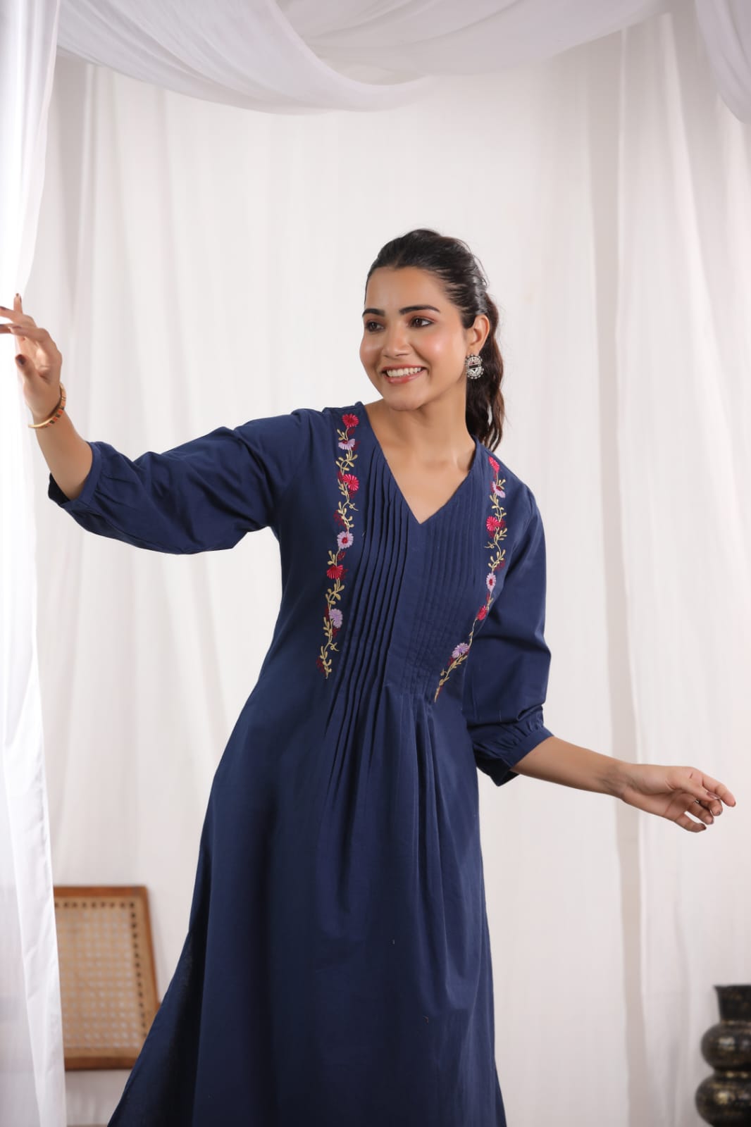 Pleated Cotton Kurta Set with Embroidery & Sequence