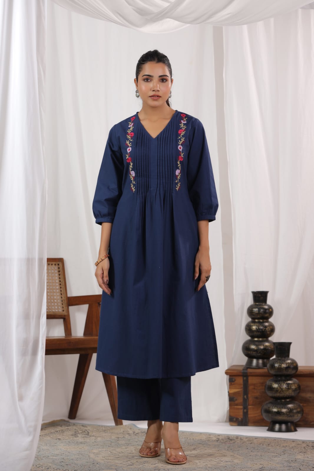 Pleated Cotton Kurta Set with Embroidery & Sequence