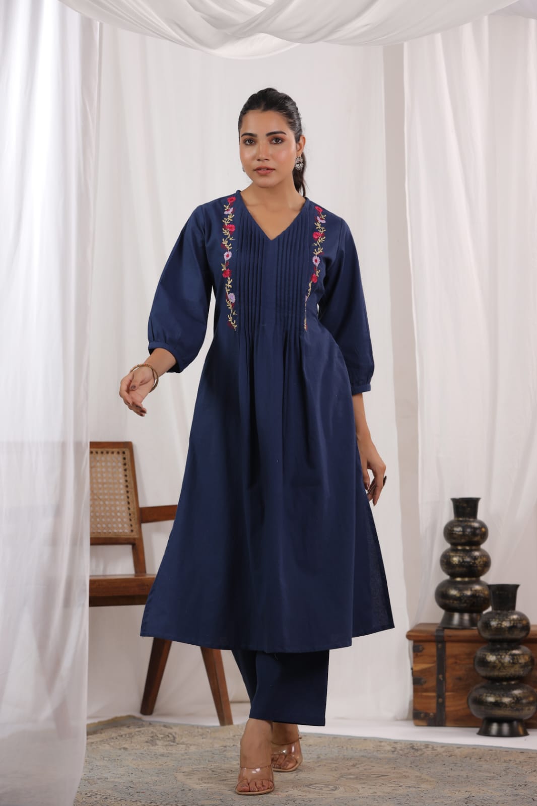 Pleated Cotton Kurta Set with Embroidery & Sequence