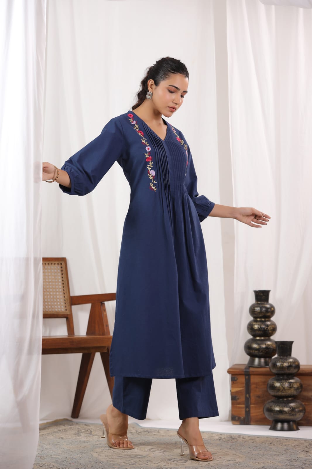 Pleated Cotton Kurta Set with Embroidery & Sequence